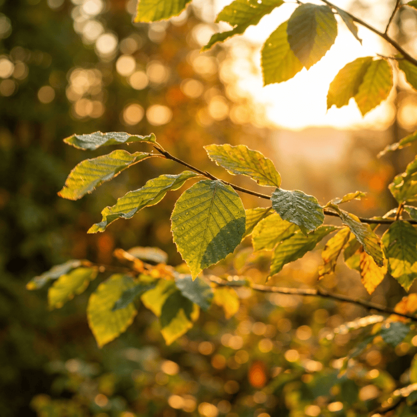 Branch with green and yellow leaves covered in dew drops during sunrise