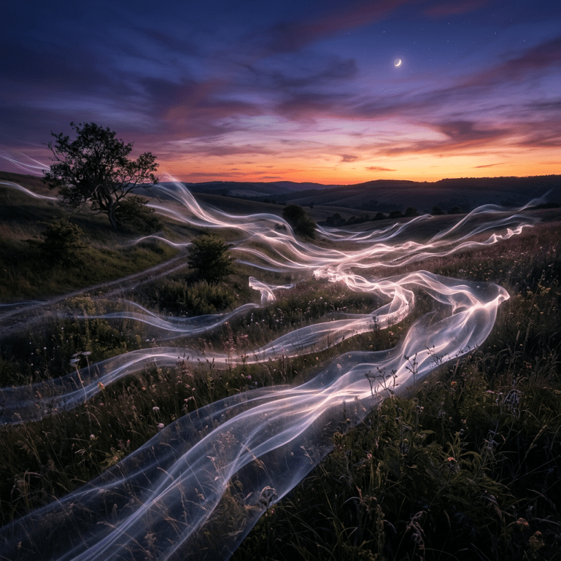 Curving glowing light trails over rural grassy hills under a twilight sky with crescent moon