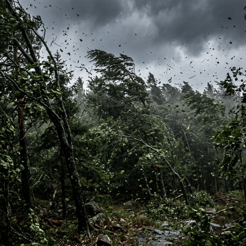 Dense forest with bent trees and swirling leaves under dark stormy sky