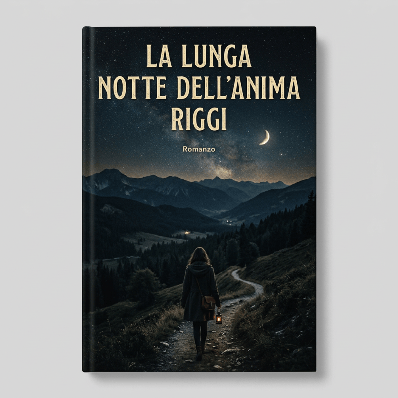 Person walking on mountain path at night holding lantern with crescent moon and stars