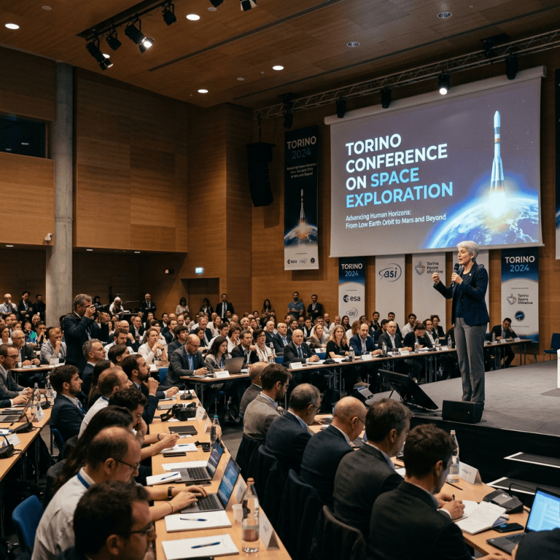 Speaker presenting at Torino Conference on Space Exploration with audience listening