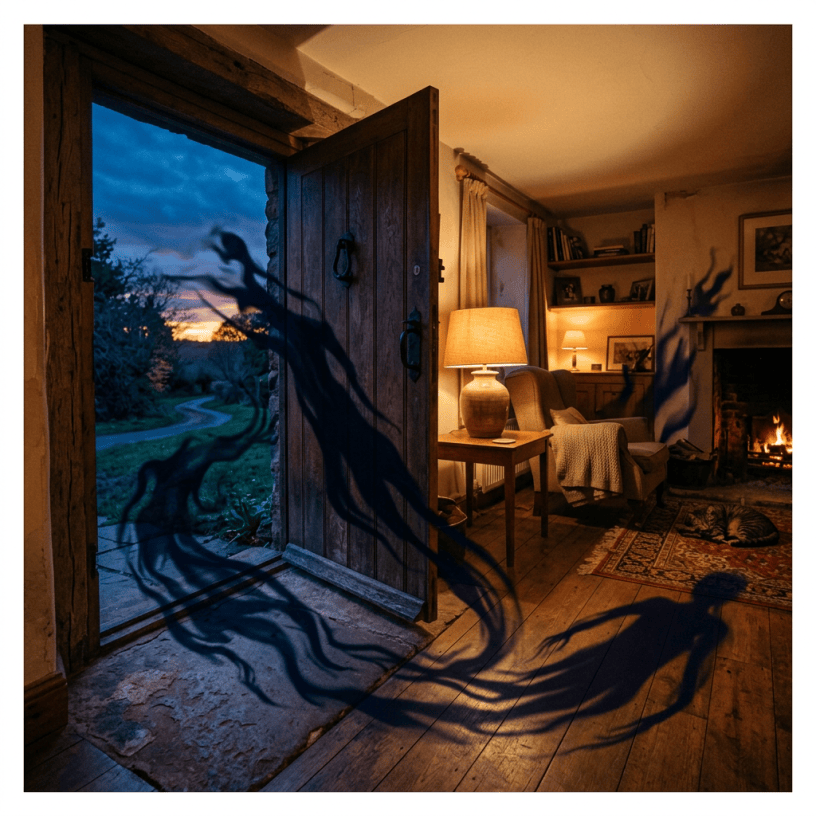 Dark shadowy figure stretching from open door into cozy living room with lamp and fireplace