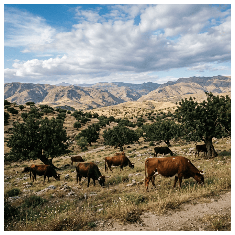 Cattle grazing on grass in a hilly landscape with scattered trees and mountains in the background