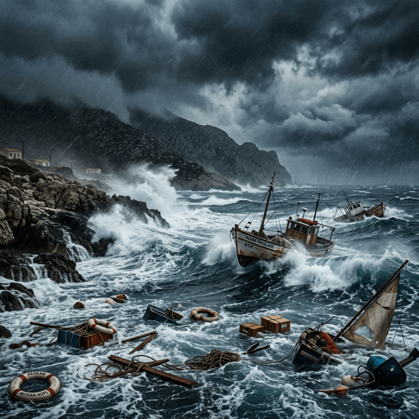 Fishing boats tossed by stormy rough seas with debris floating and rocky coastline