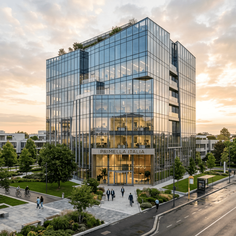 Glass office building named Primella Italia with people walking in front at sunset