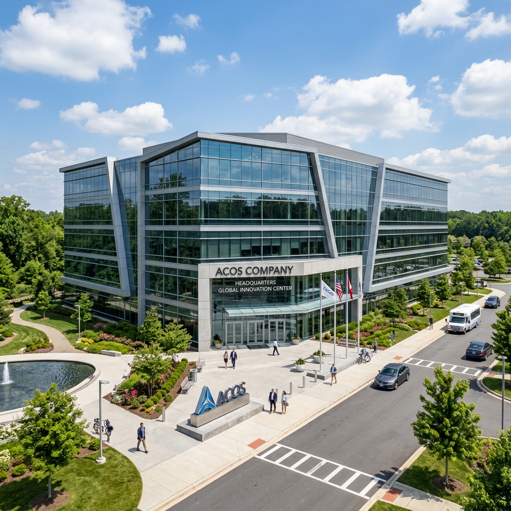 Modern glass and steel office building labeled ACOS Company Global Innovation Center with people walking and cars on nearby street