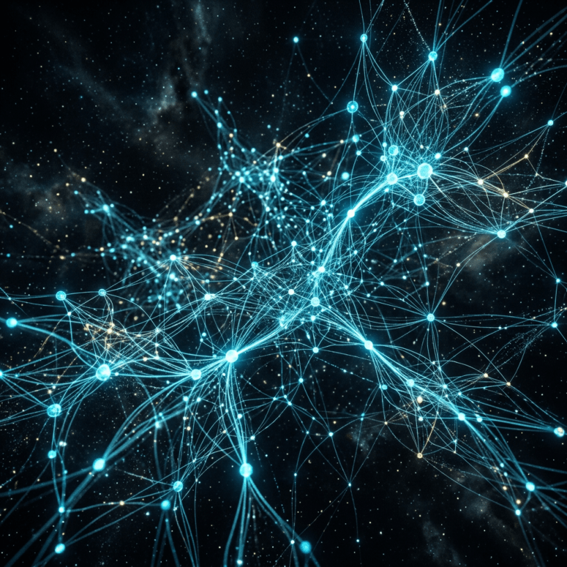 Glowing blue neural network with interconnected nodes and pathways on dark background