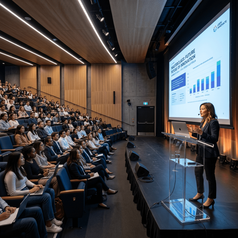 Woman presenting future innovation trends using slides in a lecture hall filled with attentive audience