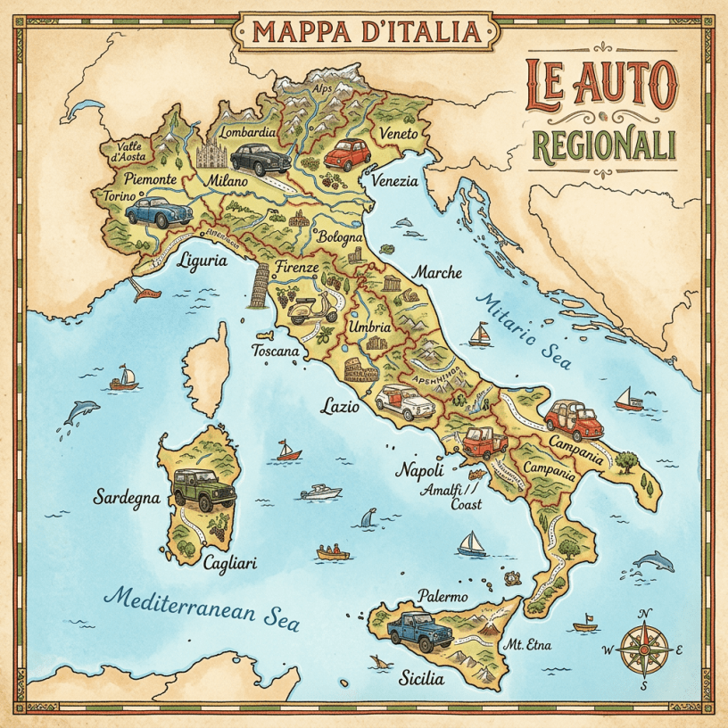 Illustrated map of Italy highlighting regional cars in different regions with landmarks and sea illustrations