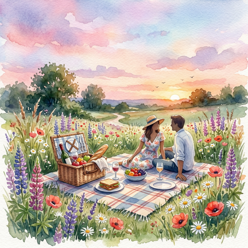 Couple sitting on a picnic blanket with basket and food at sunset