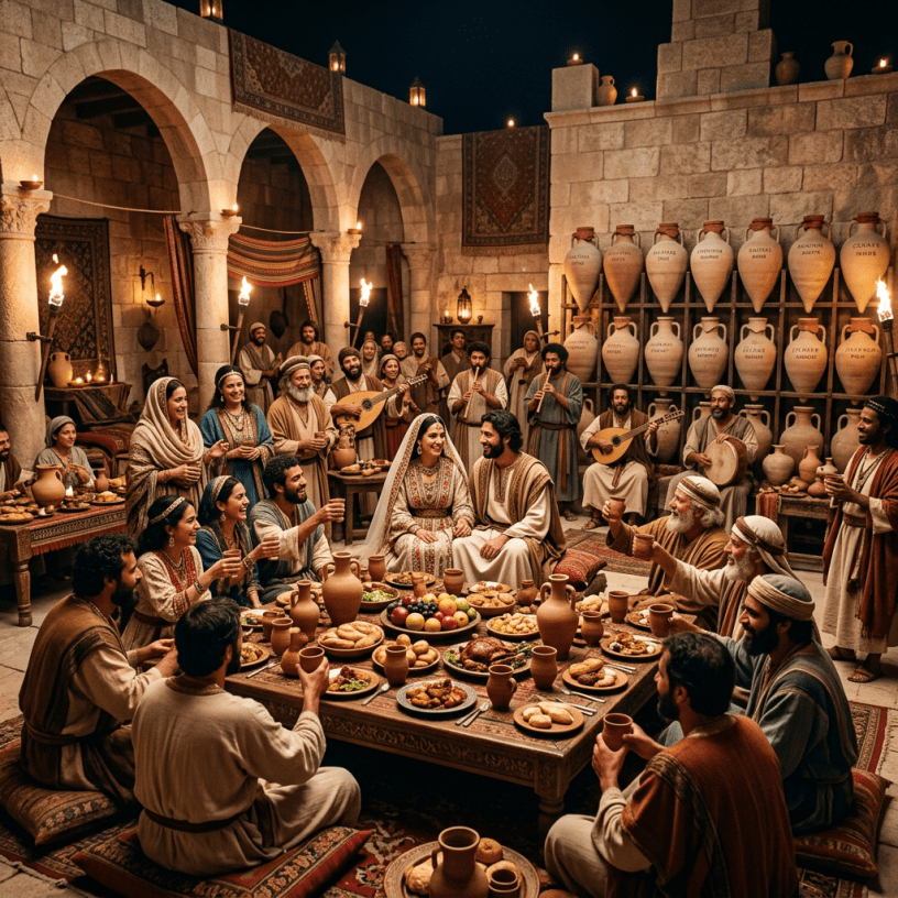 Group of people celebrating an ancient wedding feast with food, music, and toasts