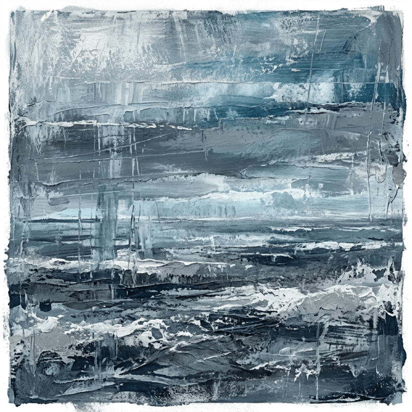 Abstract blue and gray painting with layered textures resembling ocean waves