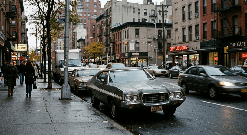 Green vintage Ford car parked on wet city street with pedestrians and storefronts