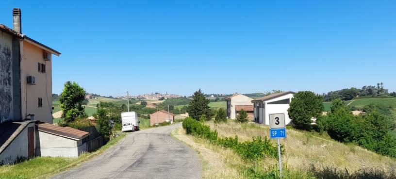 Panorama delle colline del Monferrato con vista su Lu Monferrato all'orizzonte, tra campi coltivati, vigneti e strade di campagna immerse nel verde.