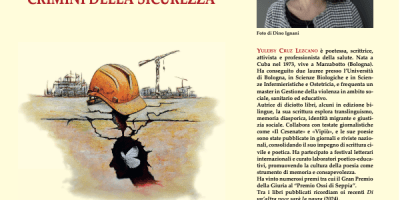 Copertina del libro Crimini della sicurezza di Yuleisy Cruz Lezcano. In evidenza un casco da lavoro accanto a una profonda crepa nel terreno, simbolo delle tragedie sul lavoro e delle vite spezzate dalla mancanza di sicurezza.