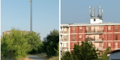 Due antenne per telefonia mobile 5G nella zona Galimberti di Alessandria. A sinistra un traliccio indipendente alto diversi metri lungo una strada sterrata circondata dal verde; a destra un impianto installato sul tetto di un edificio residenziale.