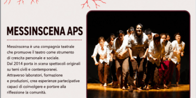 Locandina del festival teatrale Connessioni 2026 dedicata alla compagnia Messinscena APS, con fotografia di una performance teatrale di gruppo e informazioni sull'evento in programma presso il Chiostro di Santa Maria di Castello ad Alessandria.