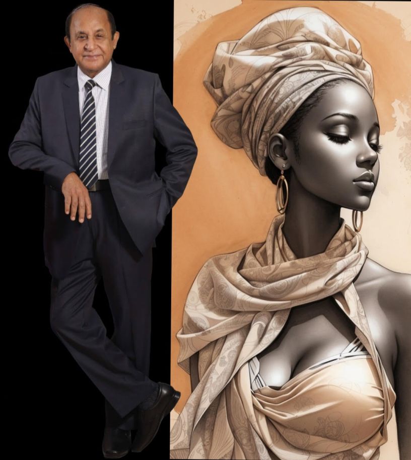 Ritratto del Dr. Sethi K. C. accostato a un'elegante figura femminile artistica in stile africano. L'immagine rappresenta il dialogo tra riflessione filosofica, spiritualità, resilienza e bellezza interiore.