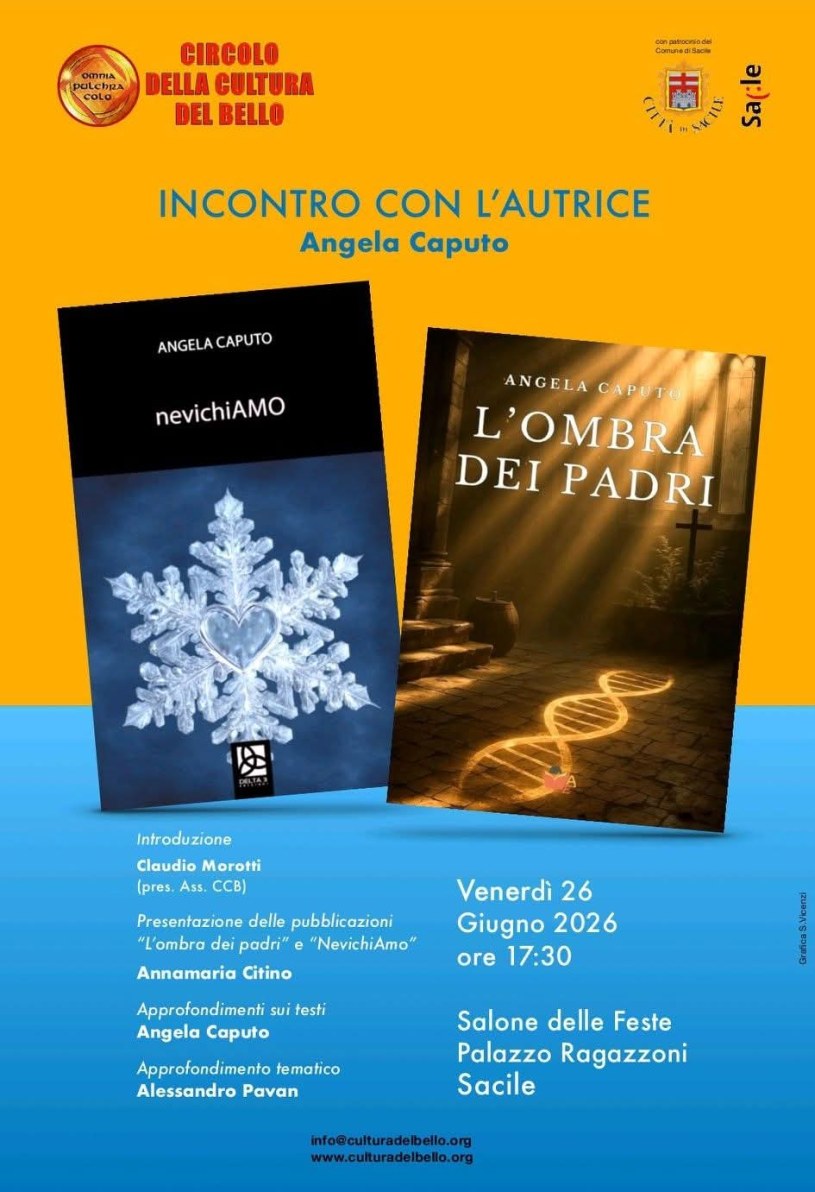 Angela Caputo presenta i libri nevichiAMO e L’Ombra dei Padri a Palazzo Ragazzoni di Sacile il 26 giugno 2026.