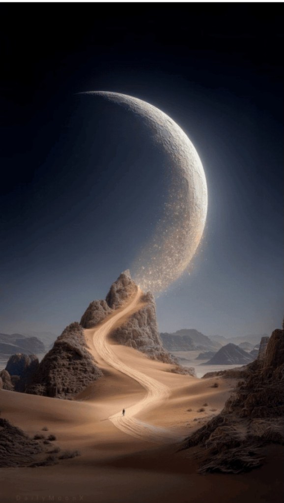 A surreal landscape featuring a winding path leading up a mountain under a large crescent moon, with shimmering particles flowing from the moon and sandy terrain surrounding the scene.