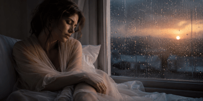 Donna avvolta in un velo chiaro seduta sul letto accanto a una finestra bagnata dalla pioggia, mentre la luce del tramonto illumina una scena malinconica e introspettiva.