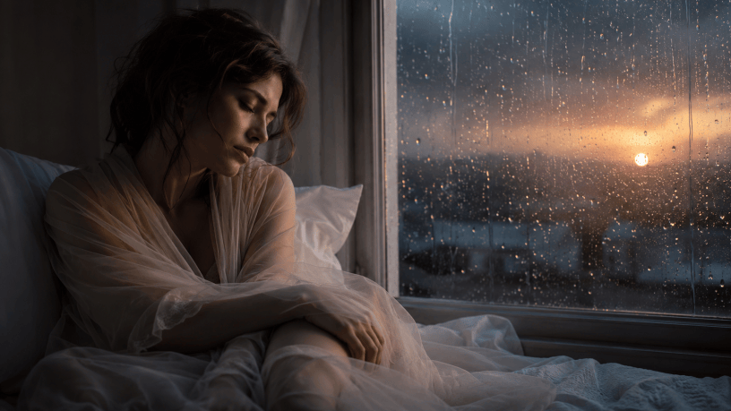 Donna avvolta in un velo chiaro seduta sul letto accanto a una finestra bagnata dalla pioggia, mentre la luce del tramonto illumina una scena malinconica e introspettiva.