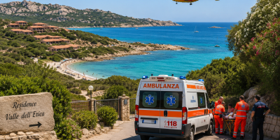 Ambulanza e soccorritori all'ingresso di un resort nella zona di Valle dell'Erica, a Santa Teresa Gallura, con elisoccorso in volo sul mare. Immagine illustrativa realizzata con intelligenza artificiale.