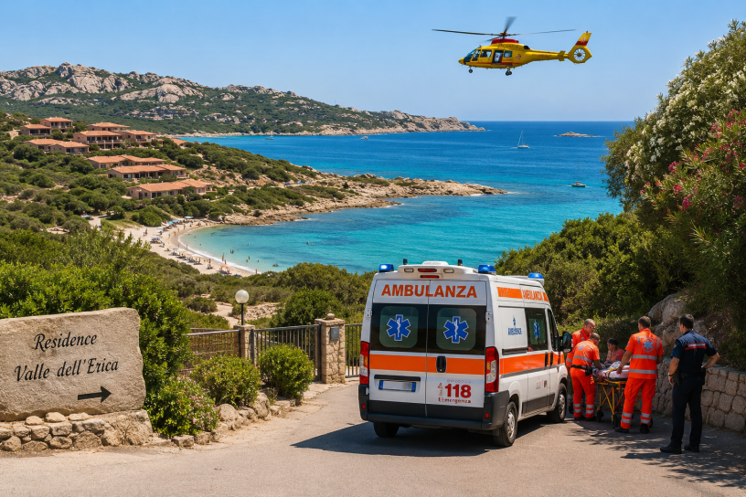 Ambulanza e soccorritori all'ingresso di un resort nella zona di Valle dell'Erica, a Santa Teresa Gallura, con elisoccorso in volo sul mare. Immagine illustrativa realizzata con intelligenza artificiale.