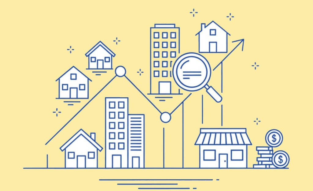 Illustration depicting a housing market trend with various buildings, including houses and an apartment, alongside a magnifying glass and financial symbols, indicating growth and investment.
