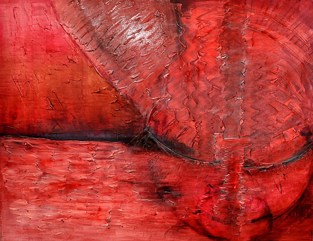 Opera d'arte astratta dominata da toni rossi, con texture e forme che si intrecciano creando un effetto dinamico.