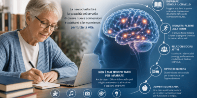 Una persona anziana studia e scrive al computer mentre una rappresentazione del cervello con connessioni neurali simboleggia la neuroplasticità e la capacità di apprendere anche in età avanzata.