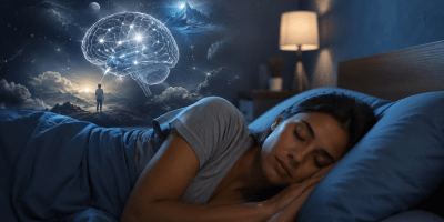 Persona che dorme serenamente mentre un'illustrazione simbolica del cervello e immagini oniriche si fondono nel cielo notturno, rappresentando il mistero dei sogni e dei processi della memoria durante il sonno REM.