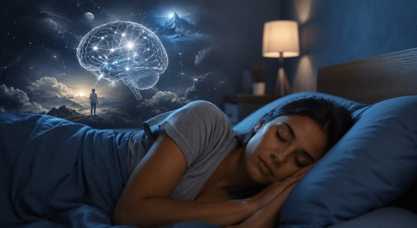 Persona che dorme serenamente mentre un'illustrazione simbolica del cervello e immagini oniriche si fondono nel cielo notturno, rappresentando il mistero dei sogni e dei processi della memoria durante il sonno REM.