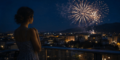 Donna osserva dal balcone i fuochi d’artificio che illuminano il cielo sopra una città durante una notte estiva.