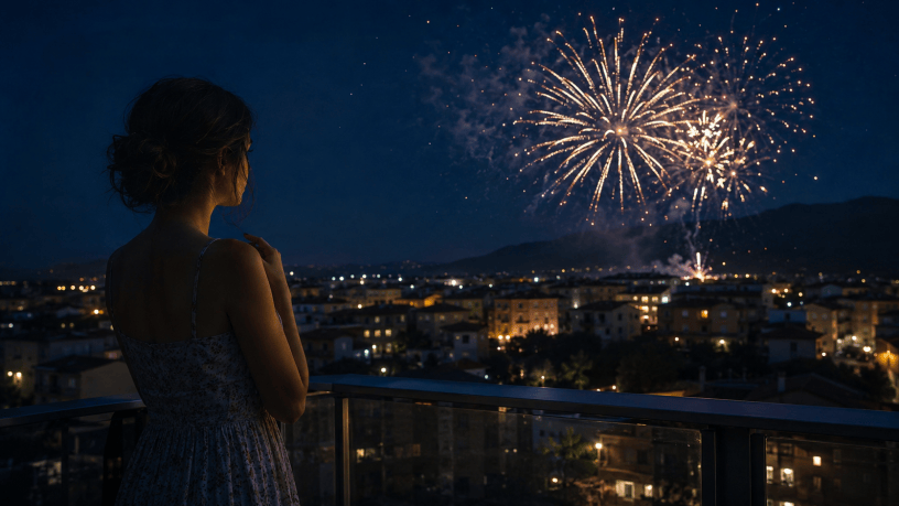 Donna osserva dal balcone i fuochi d’artificio che illuminano il cielo sopra una città durante una notte estiva.