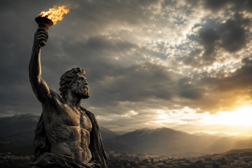 Prometeo con la fiaccola del fuoco divino osserva l'orizzonte sotto un cielo tempestoso, simbolo della conoscenza e del progresso umano secondo il pensiero di Leopardi.