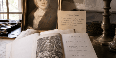 Rappresentazione realistica ispirata a William Blake con libri antichi, manoscritti, incisioni e il ritratto del poeta nel suo studio, simbolo della sua immaginazione visionaria.