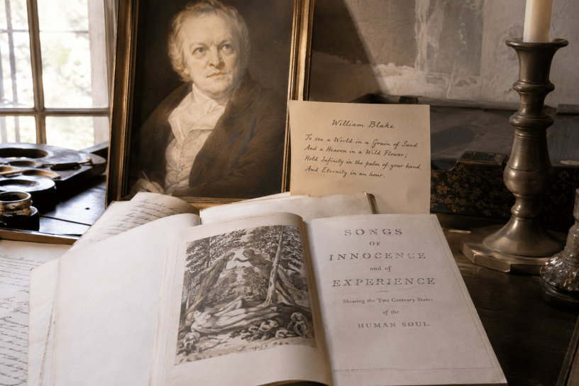 Rappresentazione realistica ispirata a William Blake con libri antichi, manoscritti, incisioni e il ritratto del poeta nel suo studio, simbolo della sua immaginazione visionaria.