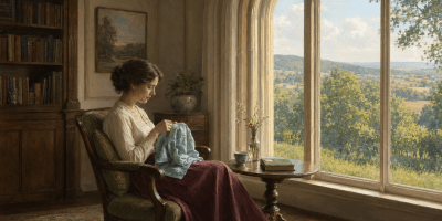 Donna seduta in una stanza luminosa mentre ricama accanto a una grande finestra affacciata sulla campagna.