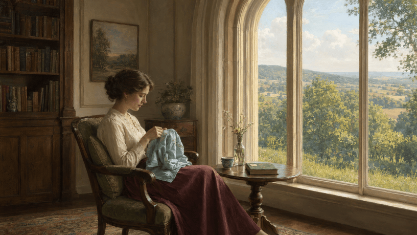 Donna seduta in una stanza luminosa mentre ricama accanto a una grande finestra affacciata sulla campagna.