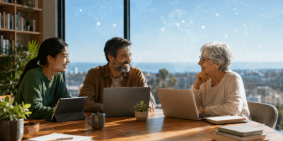 Tre blogger di generazioni e culture differenti lavorano con computer e tablet davanti a una mappa digitale del mondo.