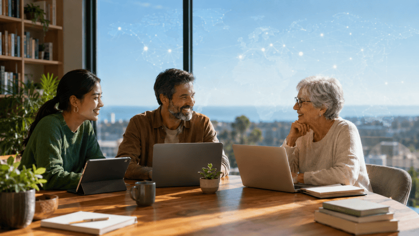 Tre blogger di generazioni e culture differenti lavorano con computer e tablet davanti a una mappa digitale del mondo.