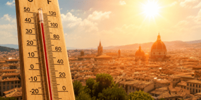 Termometro con temperatura elevata in primo piano davanti a una città italiana avvolta dal sole e dalla foschia, immagine simbolica dell’ondata di caldo estremo.