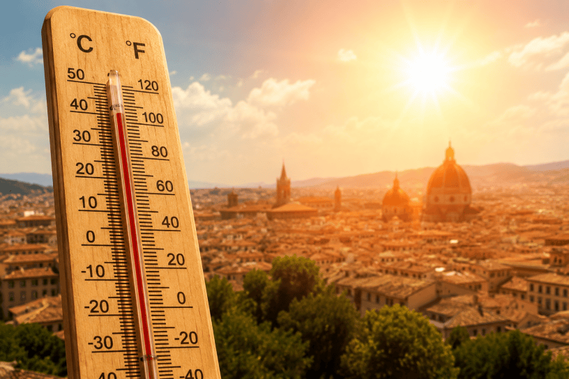 Termometro con temperatura elevata in primo piano davanti a una città italiana avvolta dal sole e dalla foschia, immagine simbolica dell’ondata di caldo estremo.