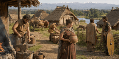 Vita quotidiana in un villaggio celtico dell’Italia settentrionale, con un fabbro, artigiani, agricoltori e le Alpi sullo sfondo.