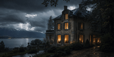 Villa Diodati sul Lago di Ginevra durante una notte tempestosa del 1816, illuminata dalle candele.