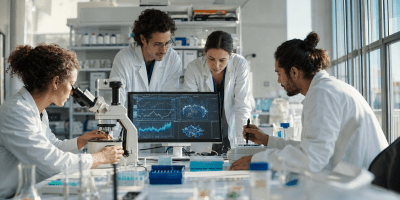 Giovani ricercatrici e ricercatori collaborano in un moderno laboratorio scientifico.
