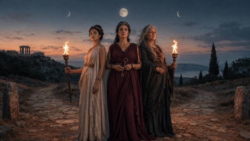 Rappresentazione fotografica di Ecate nei tre aspetti simbolici della Fanciulla, della Madre e della Vecchia, davanti a un antico crocevia illuminato dalle fiaccole.