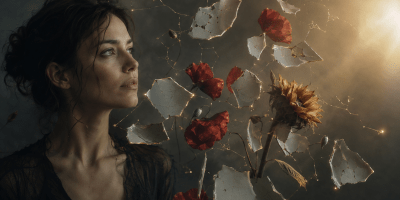 Donna assorta osserva frammenti di porcellana sospesi, collegati come una costellazione, tra papaveri rossi e un girasole rivolto verso la luce.