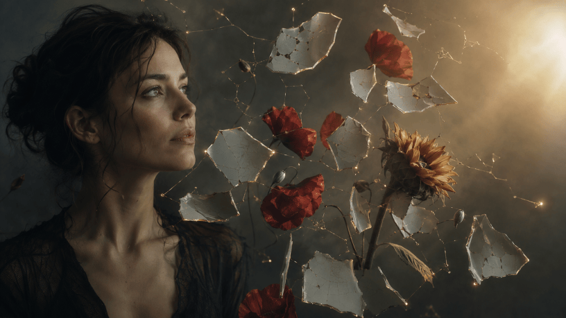 Donna assorta osserva frammenti di porcellana sospesi, collegati come una costellazione, tra papaveri rossi e un girasole rivolto verso la luce.